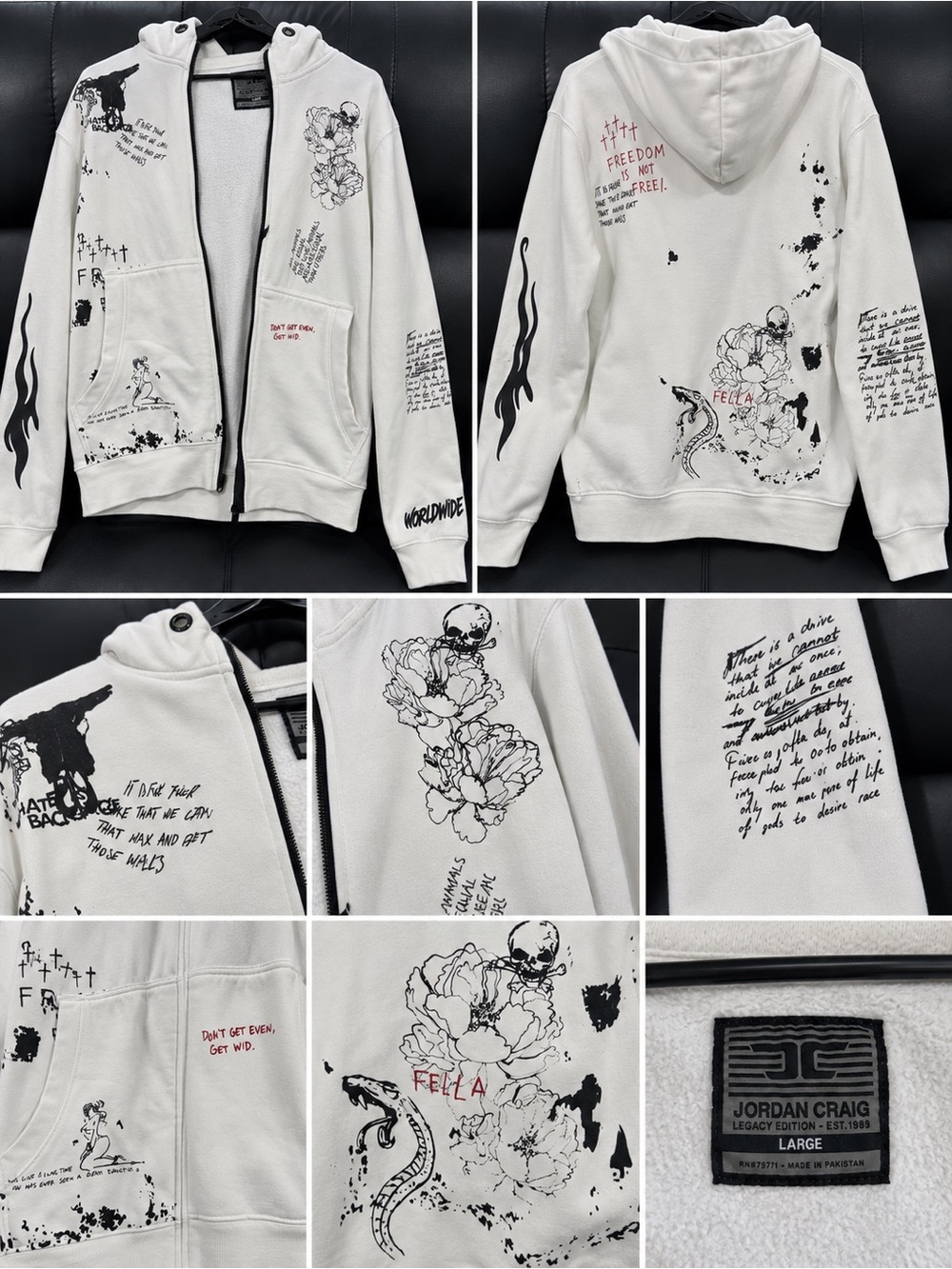 Jordan Craig White Graphic Zip Hoodie with Black Prints